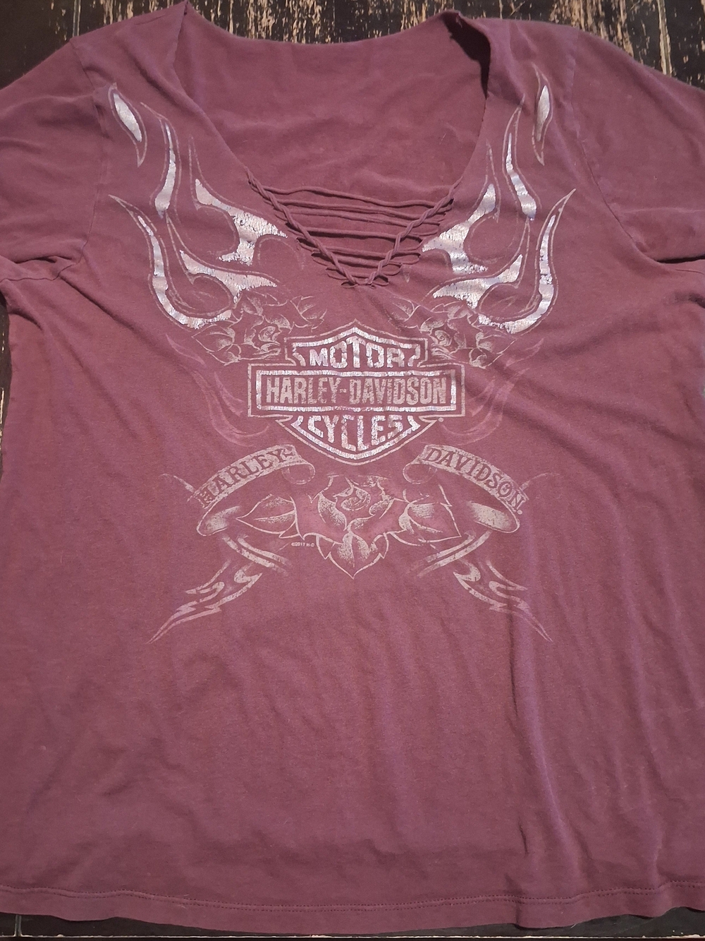Harley-Davidson Women's Plum Lace-Up V-Neck Graphic Long Sleeve Tee